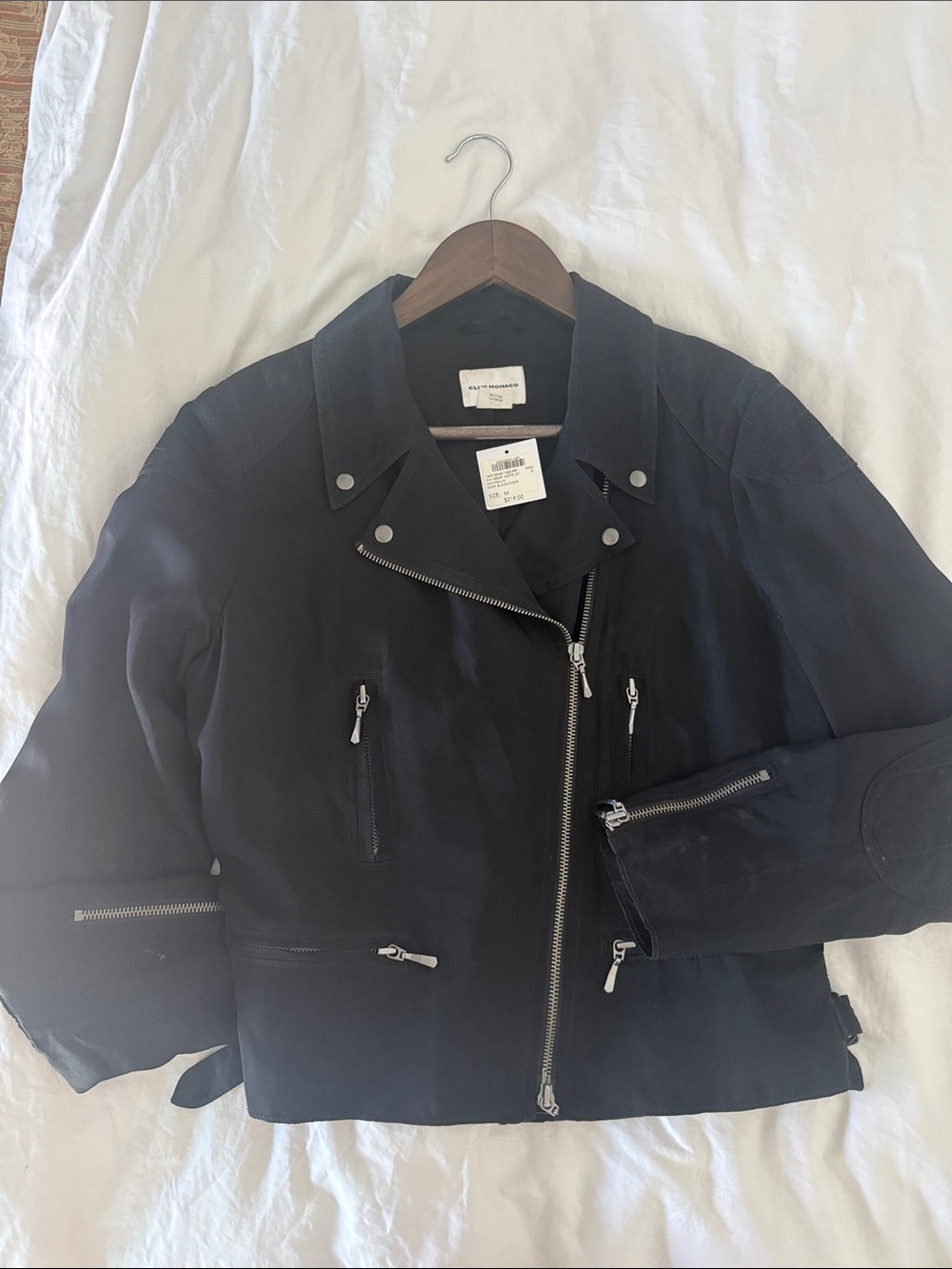 Club Monaco Silk Black Moto Jacket with Silver Zippers size M